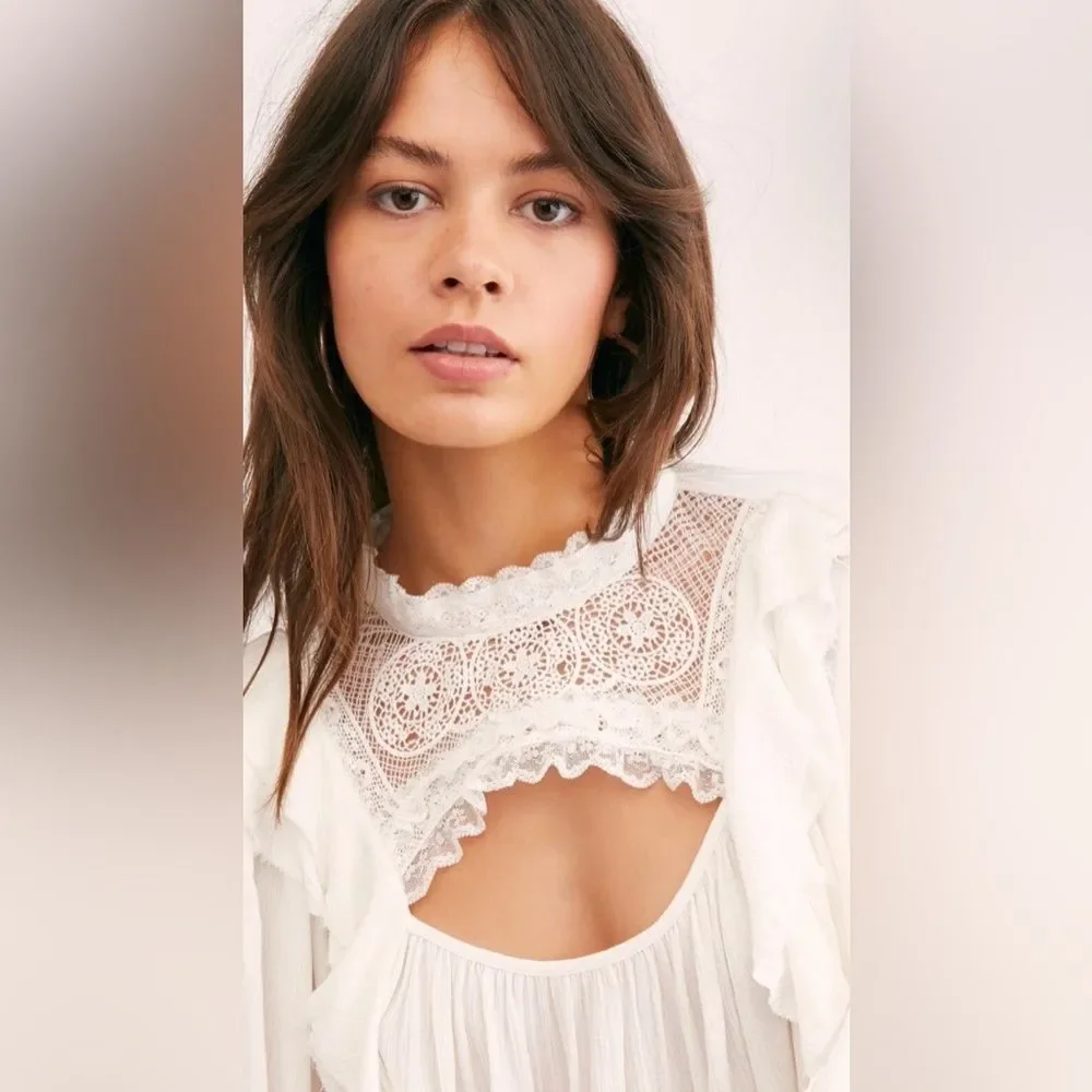 Free People Ivory Lover of Mine Gauzy Crochet Lace Romantic Bodysuit - Picture 4 of 4